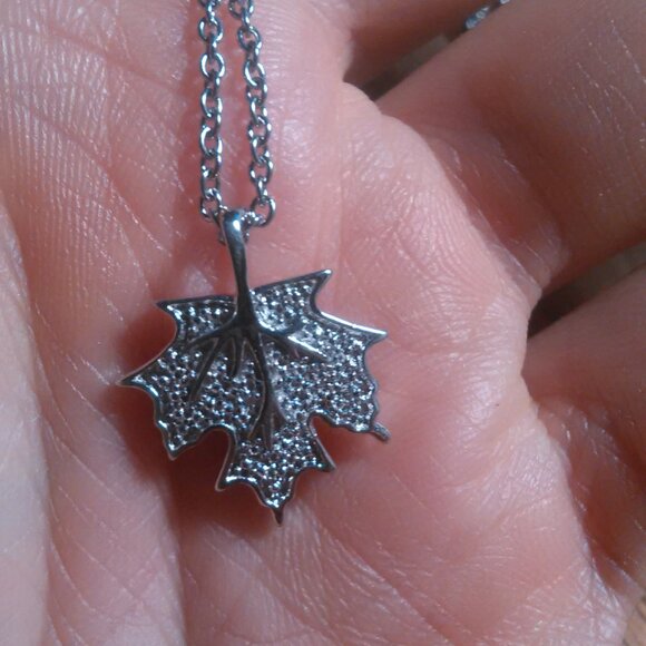 White Diamond Accent Platinum Bond Leaf Pendant Stainless Steel Necklace - Picture 4 of 10